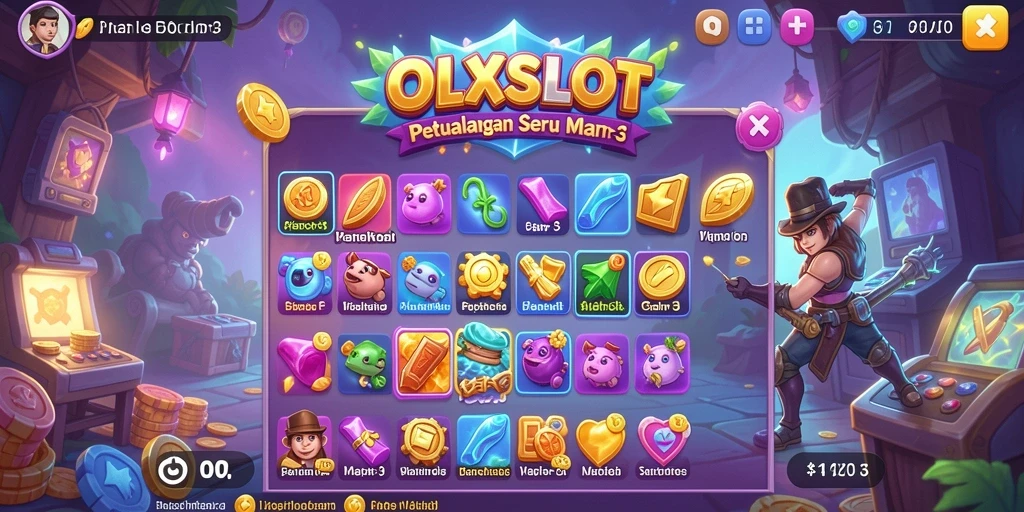 Screenshot gameplay OLXSLOT menampilkan serunya mencocokkan objek Match-3.